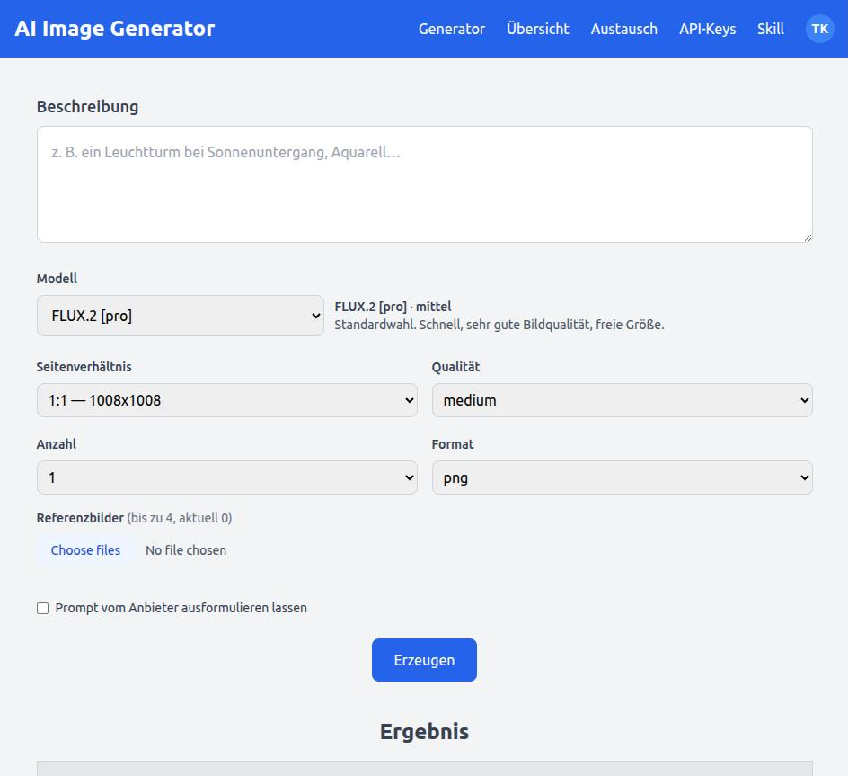 Die Eingabemaske: Beschreibung, Modellwahl mit FLUX.2, Seitenverhältnis, Qualität, Anzahl, Format und bis zu vier Referenzbilder.