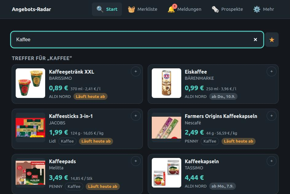 Suche nach „Kaffee“ in der Angebotsliste: Treffer mit Produktbild, Preis, Grundpreis, Händler und Gültigkeit, etwa Kaffeekapseln bei Aldi Nord ab Montag.