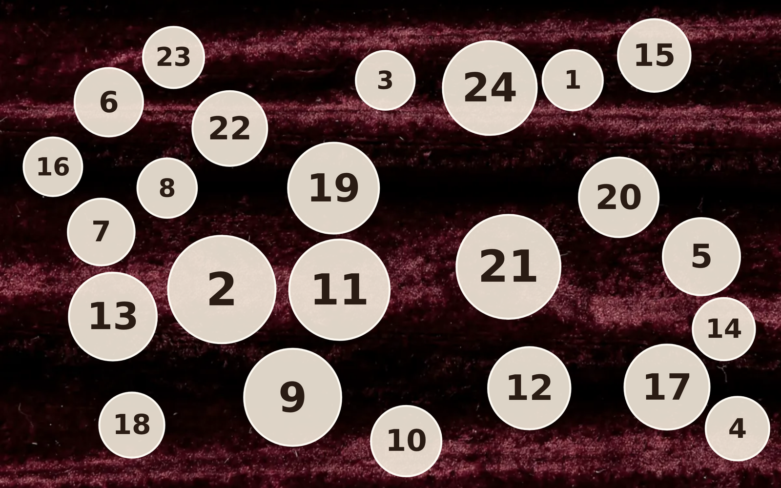 Ein frisch geöffneter Kalender: vierundzwanzig helle Türchen, verstreut über dunkelroten Samt, alle noch geschlossen.